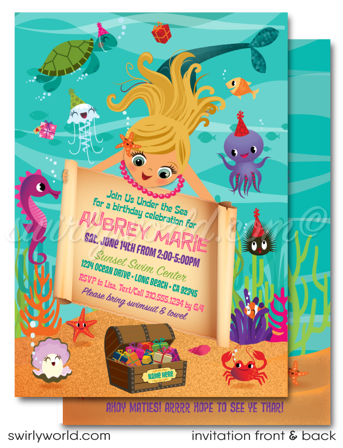 Retro Little Princess Mermaid girl "under the sea" swim aquarium ocean beach summer party invitations; digital invitation, thank yous, & envelope design.
