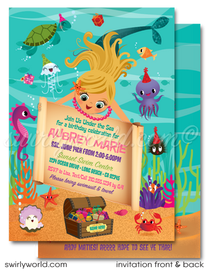 Retro Little Princess Mermaid girl "under the sea" swim aquarium ocean beach summer party invitations; digital invitation, thank yous, & envelope design.