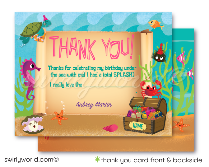 Retro Little Princess Mermaid girl "under the sea" swim aquarium ocean beach summer party invitations; digital invitation, thank yous, & envelope design.