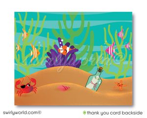 Retro Little Princess Mermaid girl "under the sea" swim aquarium ocean beach summer party invitations; digital invitation, thank yous, & envelope design.