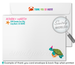 Retro Little Princess Mermaid girl "under the sea" swim aquarium ocean beach summer party invitations; digital invitation, thank yous, & envelope design.