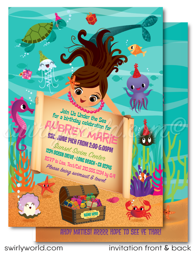 Dive deep into a world of wonder with our "Under the Sea" Mermaid-themed birthday party digital invitation download. This enchanting invitation, adorned with vibrant hues that capture the ocean's majesty, features a delightful mermaid character amidst a playful assembly of sea creatures, setting the stage for a birthday celebration filled with magic and memories.