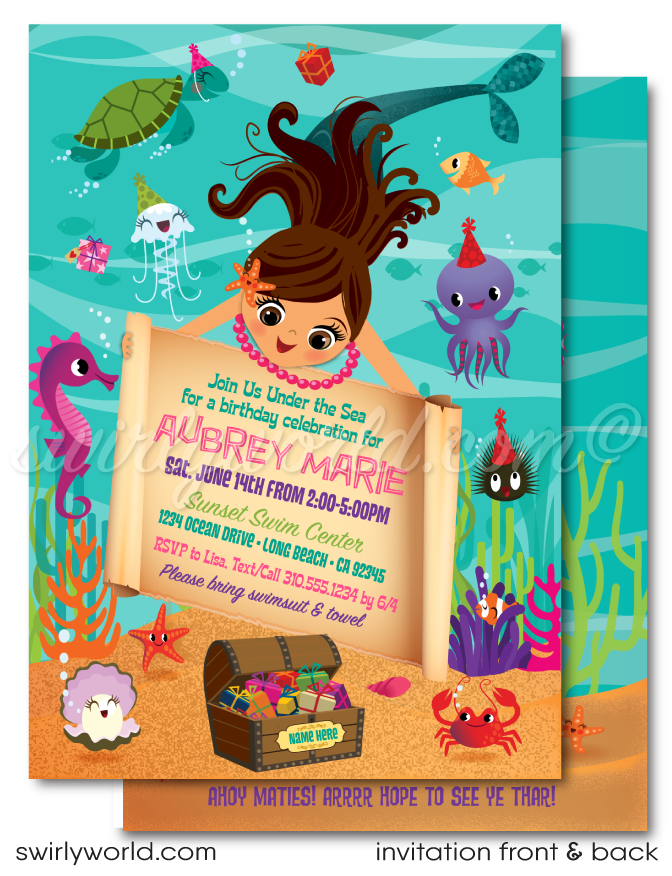 Retro Little Princess Mermaid girl "under the sea" swim aquarium ocean beach summer party invitations; digital invitation, thank yous, & envelope design.