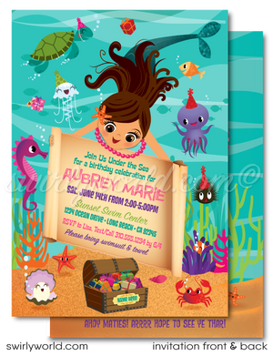 Dive deep into a world of wonder with our "Under the Sea" Mermaid-themed birthday party digital invitation download. This enchanting invitation, adorned with vibrant hues that capture the ocean's majesty, features a delightful mermaid character amidst a playful assembly of sea creatures, setting the stage for a birthday celebration filled with magic and memories.