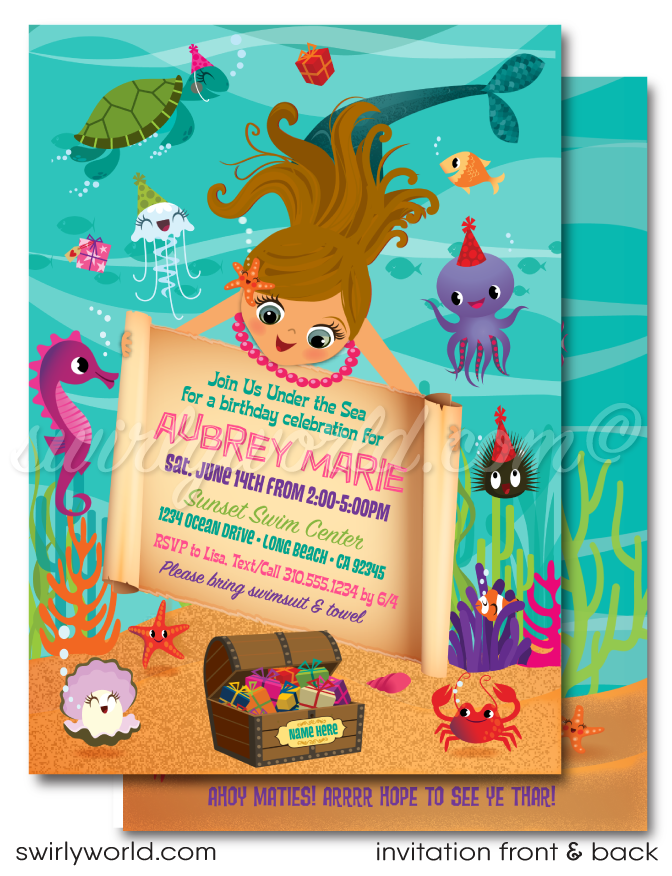 Dive deep into a world of wonder with our "Under the Sea" Mermaid-themed birthday party digital invitation download. This enchanting invitation, adorned with vibrant hues that capture the ocean's majesty, features a delightful mermaid character amidst a playful assembly of sea creatures, setting the stage for a birthday celebration filled with magic and memories..
