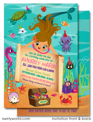 Dive deep into a world of wonder with our "Under the Sea" Mermaid-themed birthday party digital invitation download. This enchanting invitation, adorned with vibrant hues that capture the ocean's majesty, features a delightful mermaid character amidst a playful assembly of sea creatures, setting the stage for a birthday celebration filled with magic and memories..