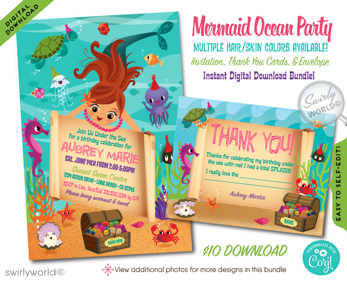 Retro Little Princess Mermaid girl "under the sea" swim aquarium ocean beach summer party invitations; digital invitation, thank yous, & envelope design.