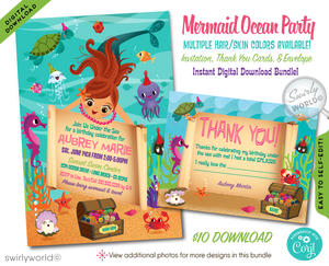 Retro Little Princess Mermaid girl "under the sea" swim aquarium ocean beach summer party invitations; digital invitation, thank yous, & envelope design.