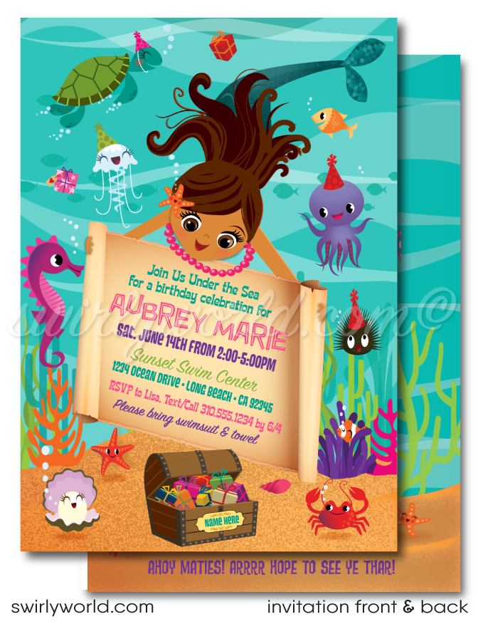 Retro brown latina Little Princess Mermaid girl "under the sea" swim aquarium ocean beach summer party invitations; digital invitation, thank yous, & envelope design.