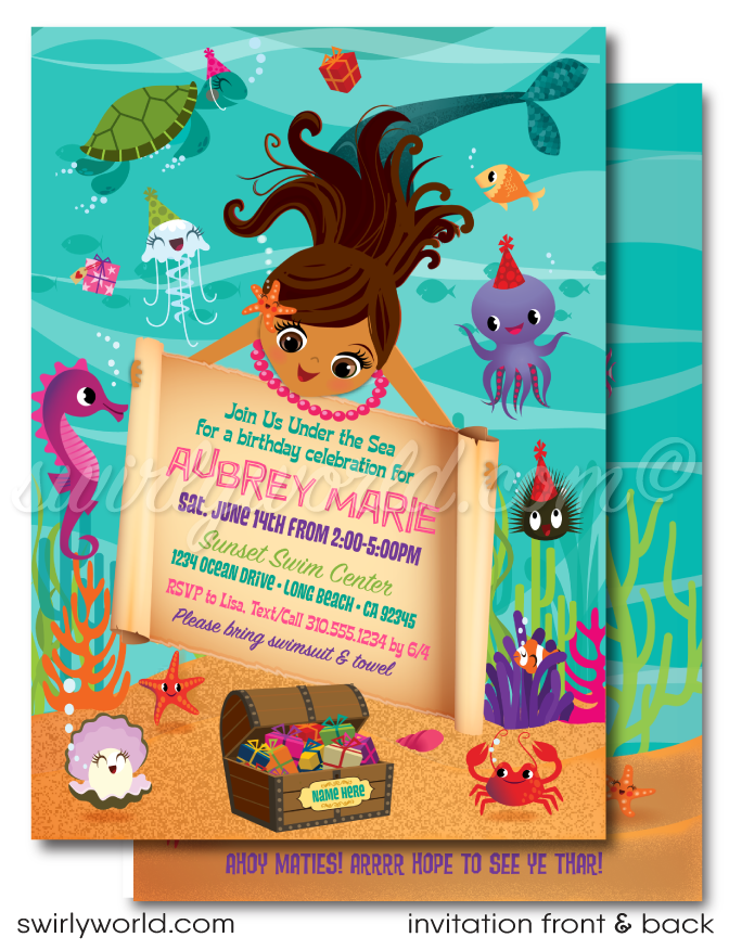 Retro Little Princess Mermaid girl "under the sea" swim aquarium ocean beach summer party invitations; digital invitation, thank yous, & envelope design.
