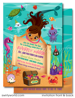 Retro brown latina Little Princess Mermaid girl "under the sea" swim aquarium ocean beach summer party invitations; digital invitation, thank yous, & envelope design.