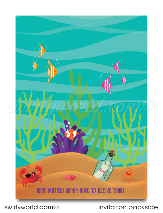 Retro Little Princess Mermaid girl "under the sea" swim aquarium ocean beach summer party invitations; digital invitation, thank yous, & envelope design.