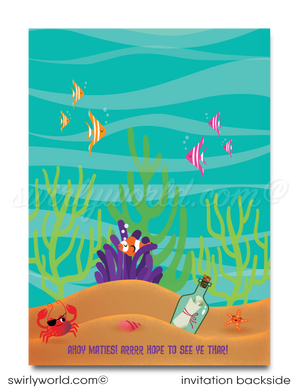 Retro Little Princess Mermaid girl "under the sea" swim aquarium ocean beach summer party invitations; digital invitation, thank yous, & envelope design.