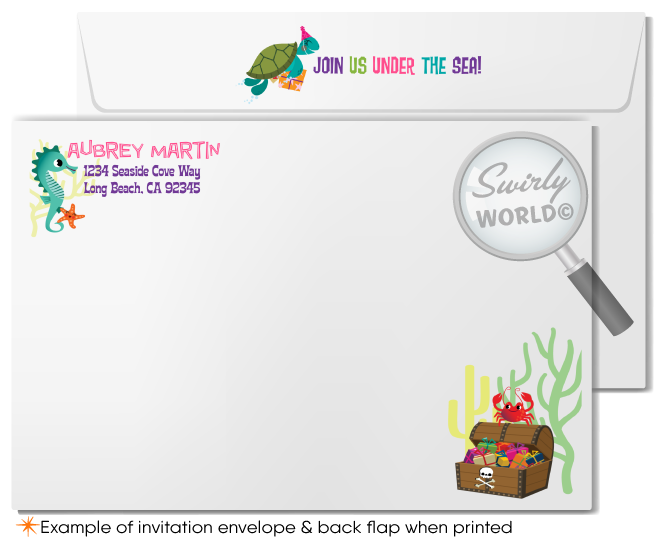 Retro Little Princess Mermaid girl "under the sea" swim aquarium ocean beach summer party invitations; digital invitation, thank yous, & envelope design.