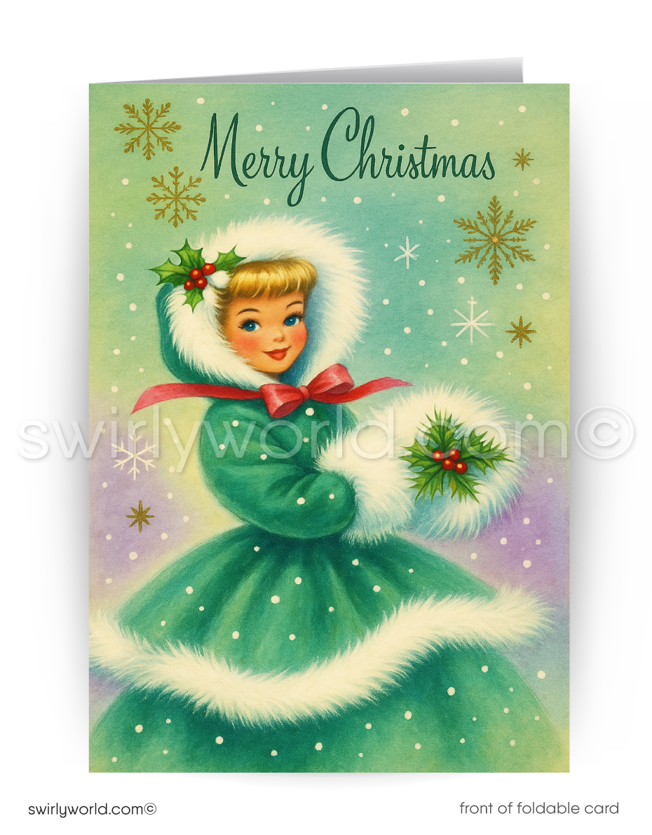 1940s-1950s vintage Victorian lady Merry Christmas greeting cards