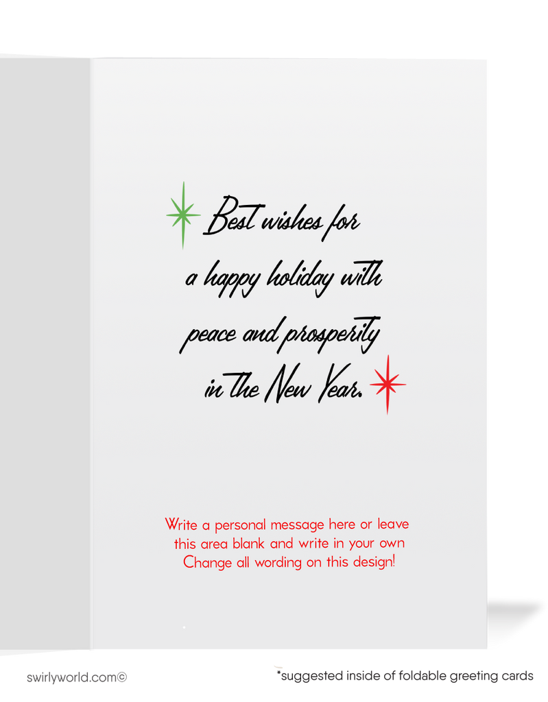 Vintage 1950s Christmas Card with Kitschy Santa Claus, Retro Atomic Starbursts, and Festive Red Backdrop