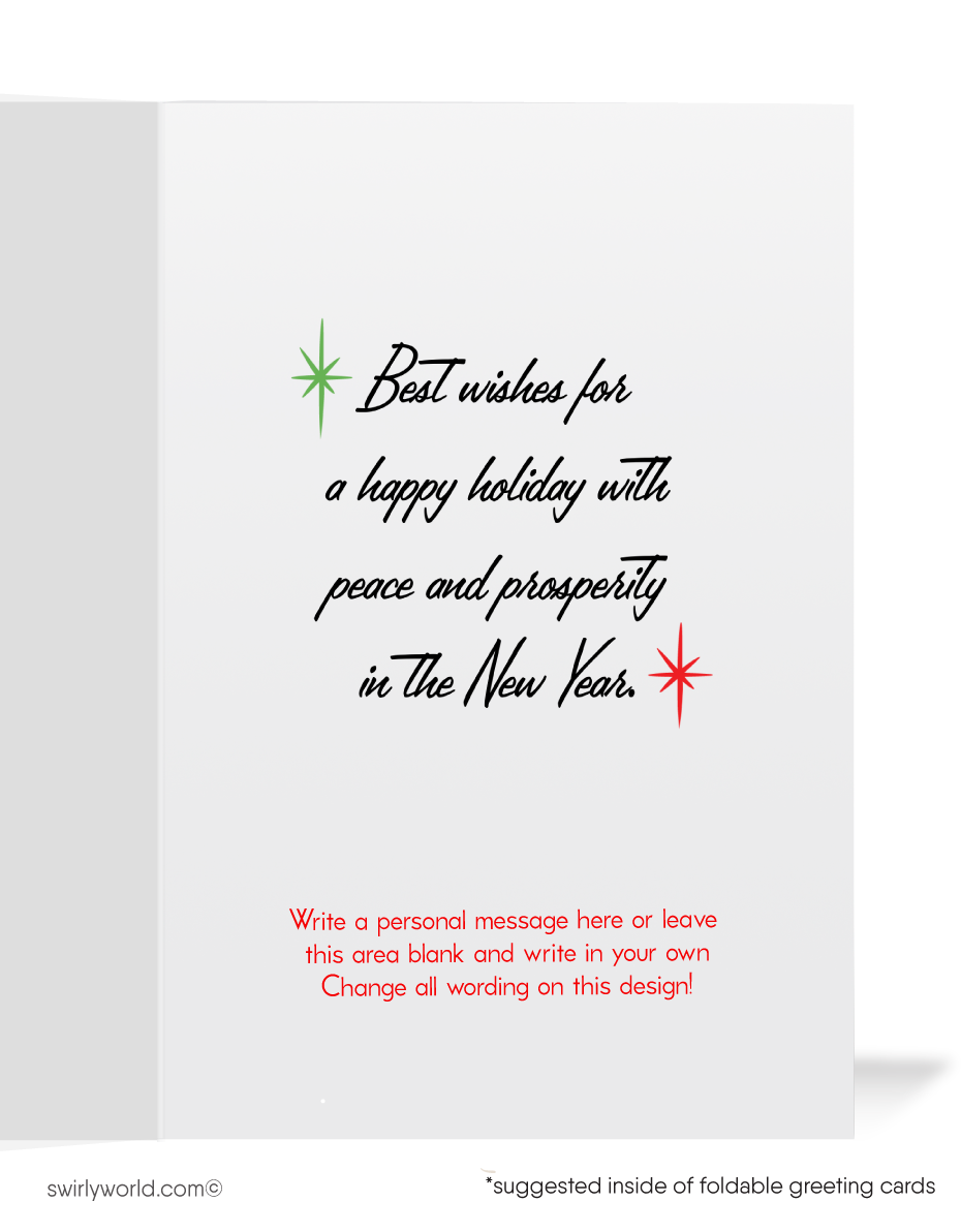 Vintage 1950s Christmas Card with Kitschy Santa Claus, Retro Atomic Starbursts, and Festive Red Backdrop