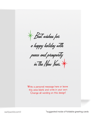 1950s Christmas Card – Vintage Holiday Cards with Kitschy Santa Claus & Atomic Starbursts