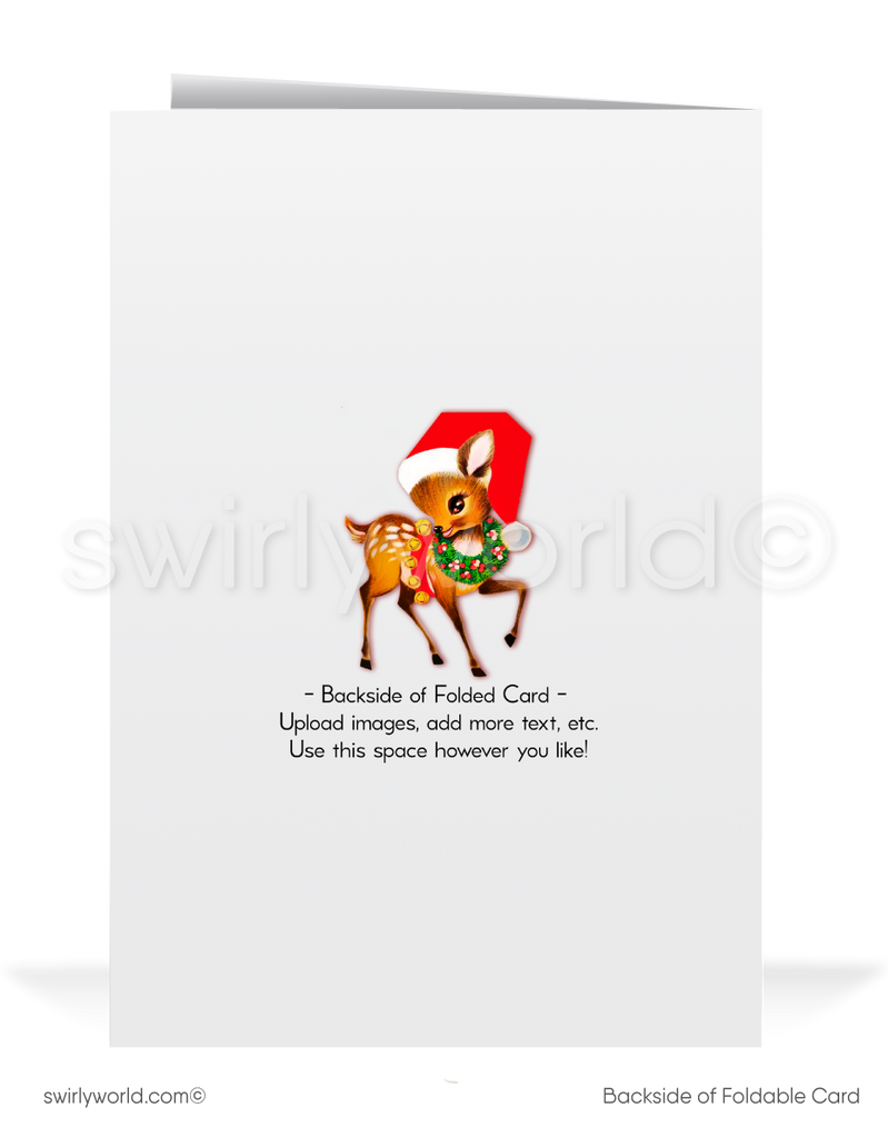 Vintage 1950s Christmas Card with Kitschy Santa Claus, Retro Atomic Starbursts, and Festive Red Backdrop