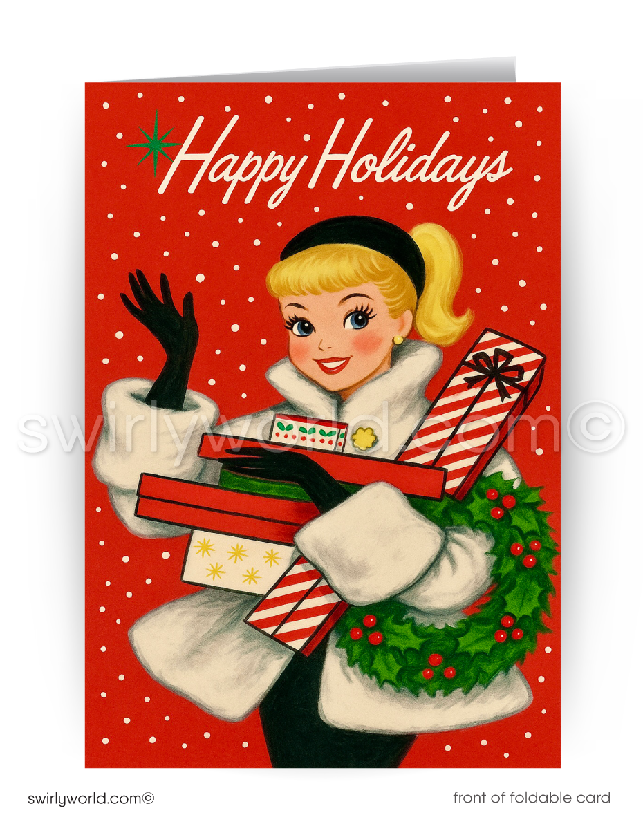 1950s mid-century vintage blonde lady in winter fur coat holding holiday packages with a red background, wreath, and snowy starbursts