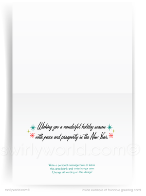 Holiday greeting card with text and decorative elements on a white background