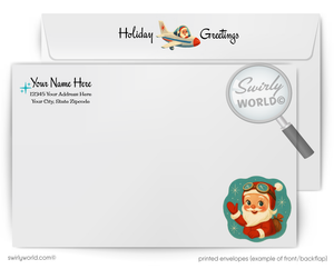 Swirly World holiday greeting card with envelope and Santa Claus illustration