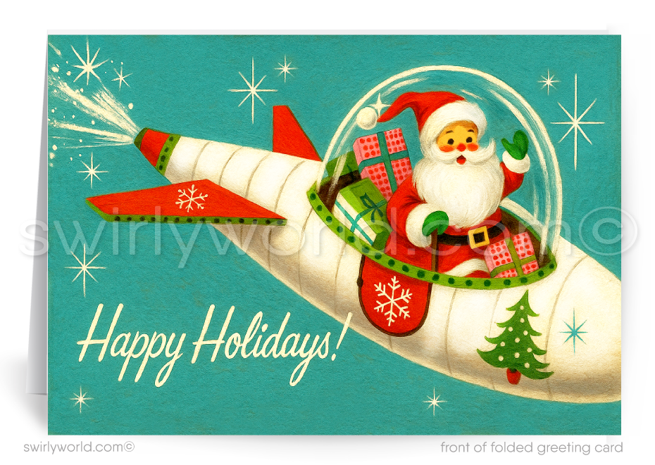 1950's Vintage Mid-Century Modern Santa Claus Flying Airplane Merry Christmas Holiday Greeting Cards for Business Customers.