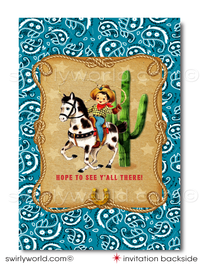Saddle up for a 1950s-style Western birthday bash with our Cowboy Birthday Invitation Set! 🤠🎉 Perfect for a rip-roarin' country hoedown, this printed set includes invitations, thank you cards, and envelopes with vintage cowboy graphics, golden horseshoe, and lasso. Premium matte card stock for a touch of sophistication!