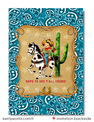 Saddle up for a 1950s-style Western birthday bash with our Cowboy Birthday Invitation Set! 🤠🎉 Perfect for a rip-roarin' country hoedown, this printed set includes invitations, thank you cards, and envelopes with vintage cowboy graphics, golden horseshoe, and lasso. Premium matte card stock for a touch of sophistication!