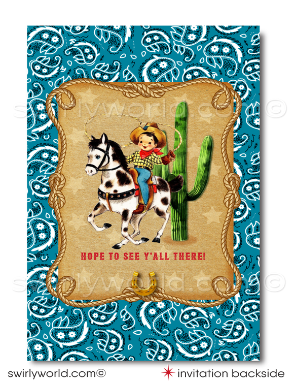 Vintage 1950s Style Retro Western Kitschy Cowboy Printed Birthday Invitations