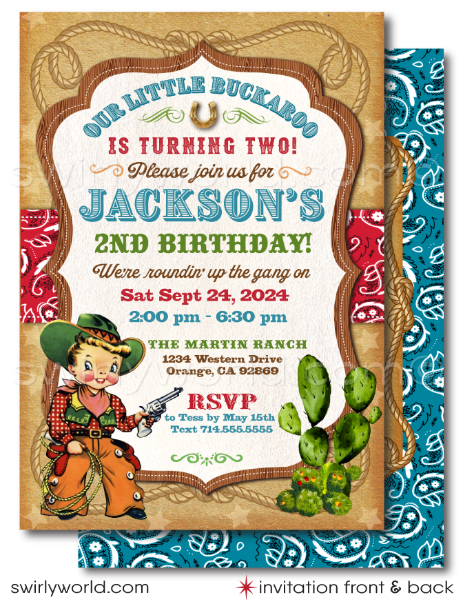 Saddle up for a 1950s-style Western birthday bash with our Cowboy Birthday Invitation Set! 🤠🎉 Perfect for a rip-roarin' country hoedown, this printed set includes invitations, thank you cards, and envelopes with vintage cowboy graphics, golden horseshoe, and lasso. Premium matte card stock for a touch of sophistication!