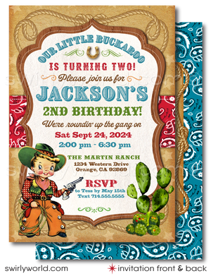 Saddle up for a 1950s-style Western birthday bash with our Cowboy Birthday Invitation Set! 🤠🎉 Perfect for a rip-roarin' country hoedown, this printed set includes invitations, thank you cards, and envelopes with vintage cowboy graphics, golden horseshoe, and lasso. Premium matte card stock for a touch of sophistication!