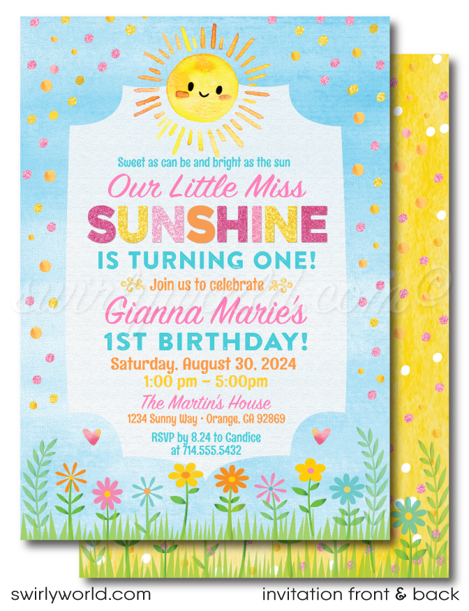 "Little Miss Sunshine" 1st Birthday Invitations & Thank You Cards for Digital Download