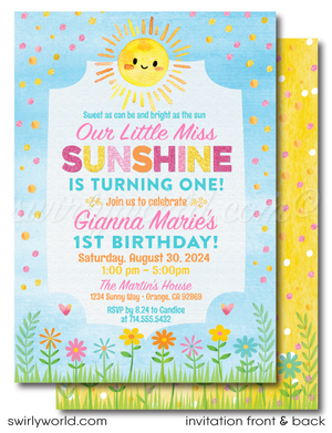 Brighten your baby girl's first birthday with our "Little Miss Sunshine" Invitation Design. This digital download features a radiant sunshine illustration perfect for Spring or Summer parties. Includes matching thank you cards and envelopes. Download, customize, and celebrate with warmth and joy!