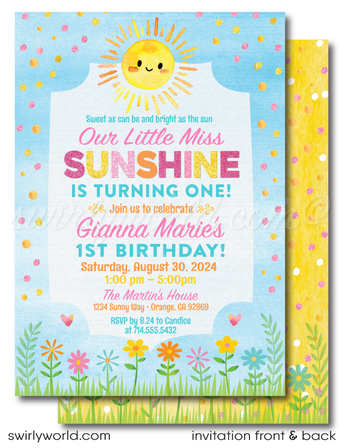Brighten your little girl's first birthday with our "Little Miss Sunshine" 1st Birthday Invitation. Perfect for Spring or Summer, this cheerful set features a sunshine illustration and delicate flowers. Includes matching thank you cards and envelopes. Expertly printed and shipped to your doorstep!