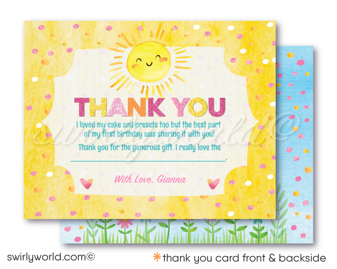 Brighten your little girl's first birthday with our "Little Miss Sunshine" 1st Birthday Invitation. Perfect for Spring or Summer, this cheerful set features a sunshine illustration and delicate flowers. Includes matching thank you cards and envelopes. Expertly printed and shipped to your doorstep!