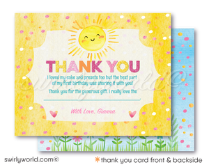 Brighten your little girl's first birthday with our "Little Miss Sunshine" 1st Birthday Invitation. Perfect for Spring or Summer, this cheerful set features a sunshine illustration and delicate flowers. Includes matching thank you cards and envelopes. Expertly printed and shipped to your doorstep!