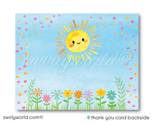 Brighten your baby girl's first birthday with our "Little Miss Sunshine" Invitation Design. This digital download features a radiant sunshine illustration perfect for Spring or Summer parties. Includes matching thank you cards and envelopes. Download, customize, and celebrate with warmth and joy!