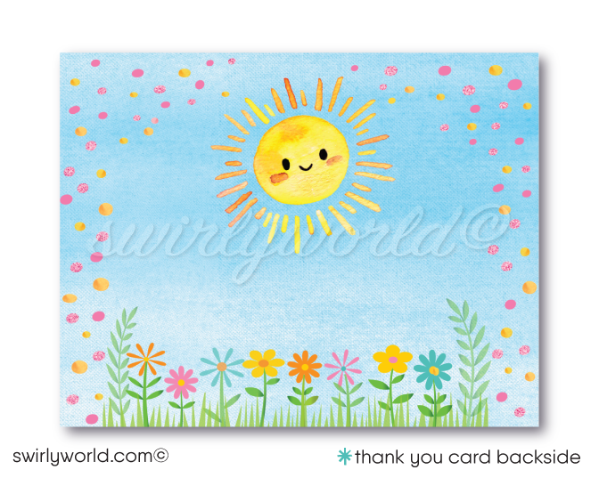 Brighten your little girl's first birthday with our "Little Miss Sunshine" 1st Birthday Invitation. Perfect for Spring or Summer, this cheerful set features a sunshine illustration and delicate flowers. Includes matching thank you cards and envelopes. Expertly printed and shipped to your doorstep!