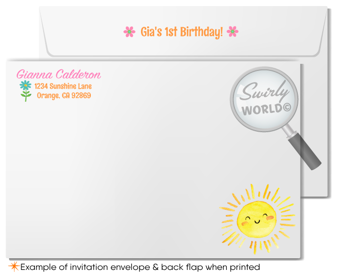 Brighten your baby girl's first birthday with our "Little Miss Sunshine" Invitation Design. This digital download features a radiant sunshine illustration perfect for Spring or Summer parties. Includes matching thank you cards and envelopes. Download, customize, and celebrate with warmth and joy!