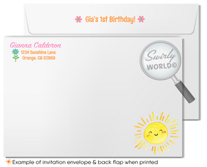 Brighten your little girl's first birthday with our "Little Miss Sunshine" 1st Birthday Invitation. Perfect for Spring or Summer, this cheerful set features a sunshine illustration and delicate flowers. Includes matching thank you cards and envelopes. Expertly printed and shipped to your doorstep!