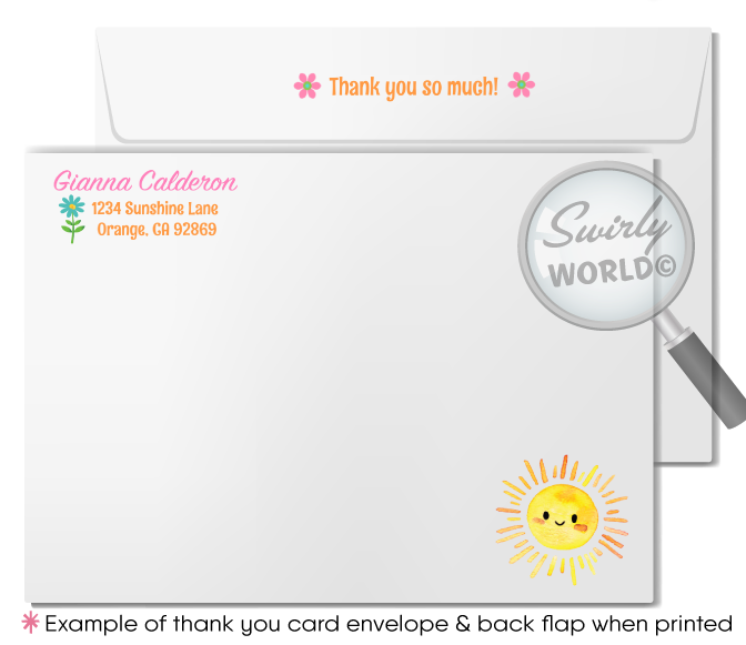 Brighten your little girl's first birthday with our "Little Miss Sunshine" 1st Birthday Invitation. Perfect for Spring or Summer, this cheerful set features a sunshine illustration and delicate flowers. Includes matching thank you cards and envelopes. Expertly printed and shipped to your doorstep!