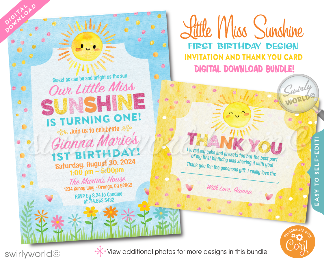 Brighten your baby girl's first birthday with our "Little Miss Sunshine" Invitation Design. This digital download features a radiant sunshine illustration perfect for Spring or Summer parties. Includes matching thank you cards and envelopes. Download, customize, and celebrate with warmth and joy!