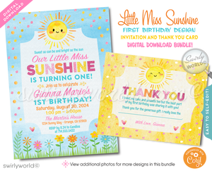 Brighten your baby girl's first birthday with our "Little Miss Sunshine" Invitation Design. This digital download features a radiant sunshine illustration perfect for Spring or Summer parties. Includes matching thank you cards and envelopes. Download, customize, and celebrate with warmth and joy!
