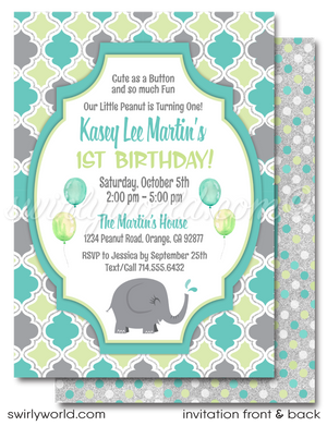"Little Peanut" Gender Neutral Baby Elephant First 1st Birthday Party Digital Invitations