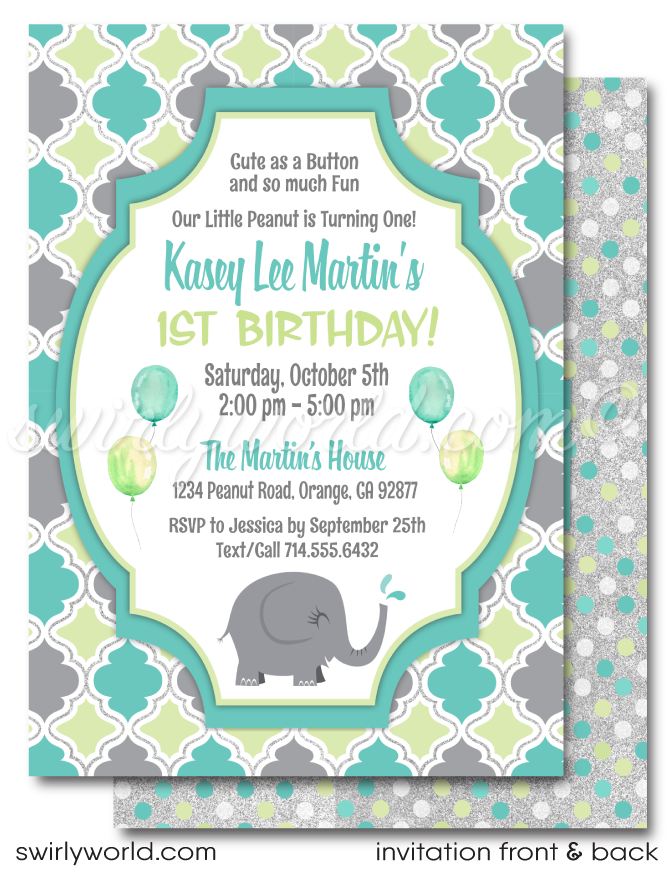 "Little Peanut" Gender Neutral Baby Elephant First 1st Birthday Party Digital Invitations