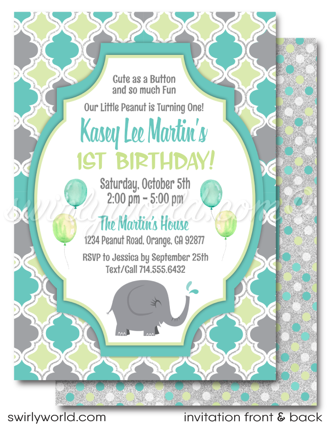 Celebrate your little one's first journey around the sun with our "Little Peanut" Elephant Invitation Design Set. This gender-neutral set features pastel blue, green, and gray, perfect for an unforgettable 1st birthday. Expertly printed and shipped, it includes invitations, thank you cards, and envelopes.