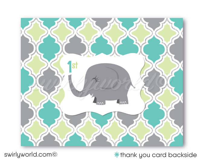 Celebrate your little one's first journey around the sun with our "Little Peanut" Elephant Invitation Design Set. This gender-neutral set features pastel blue, green, and gray, perfect for an unforgettable 1st birthday. Expertly printed and shipped, it includes invitations, thank you cards, and envelopes.