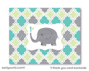 Celebrate your little one's first journey around the sun with our "Little Peanut" Elephant Invitation Design Set. This gender-neutral set features pastel blue, green, and gray, perfect for an unforgettable 1st birthday. Expertly printed and shipped, it includes invitations, thank you cards, and envelopes.