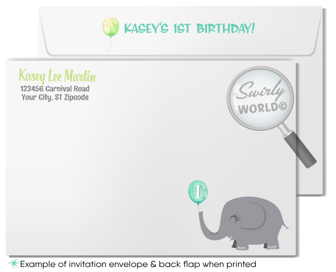 Celebrate your little one's first journey around the sun with our "Little Peanut" Elephant Invitation Design Set. This gender-neutral set features pastel blue, green, and gray, perfect for an unforgettable 1st birthday. Expertly printed and shipped, it includes invitations, thank you cards, and envelopes.